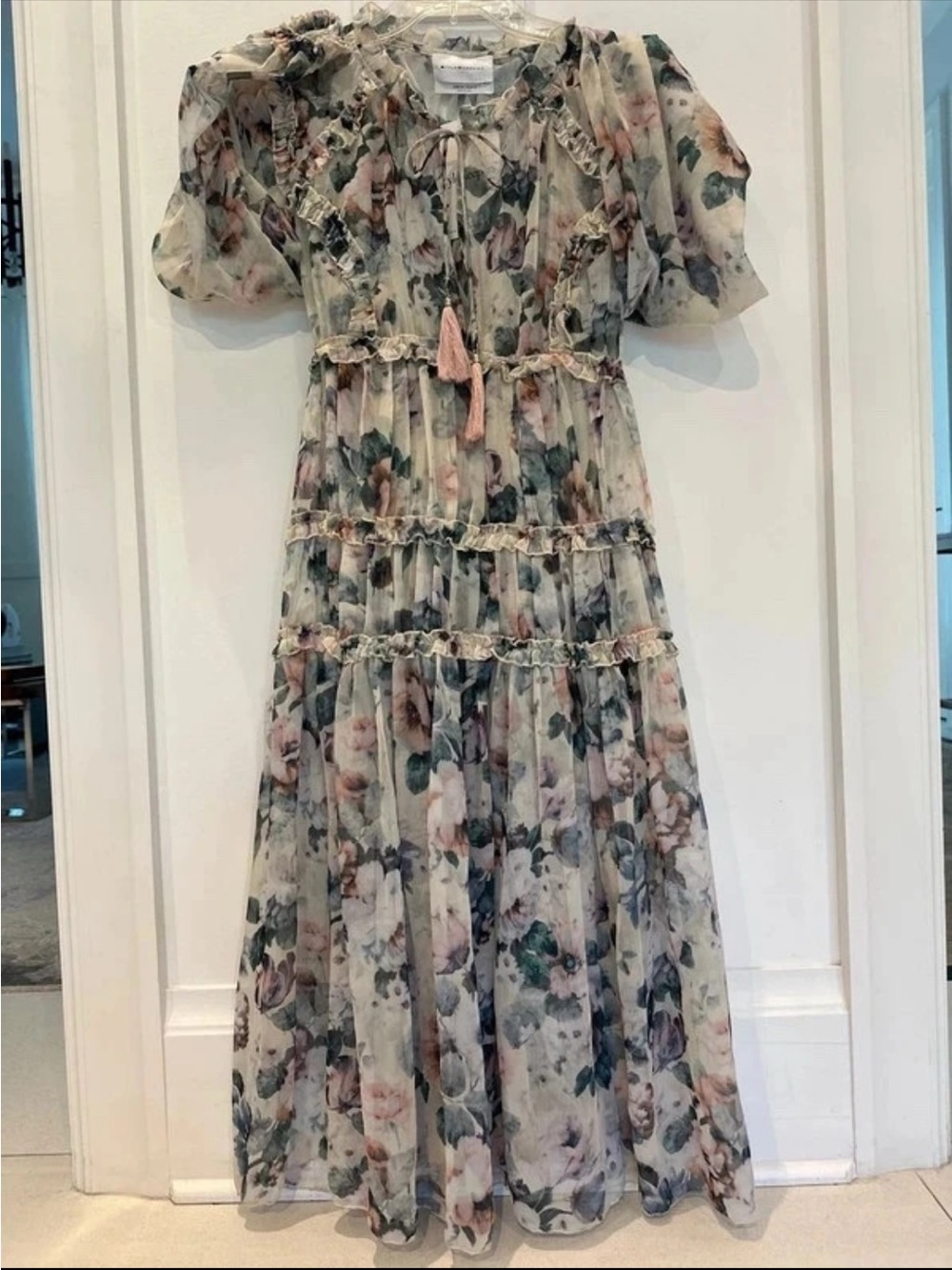 Silk Floral Tiered Maxi Dress with Tassel Tie - Neutral Floral